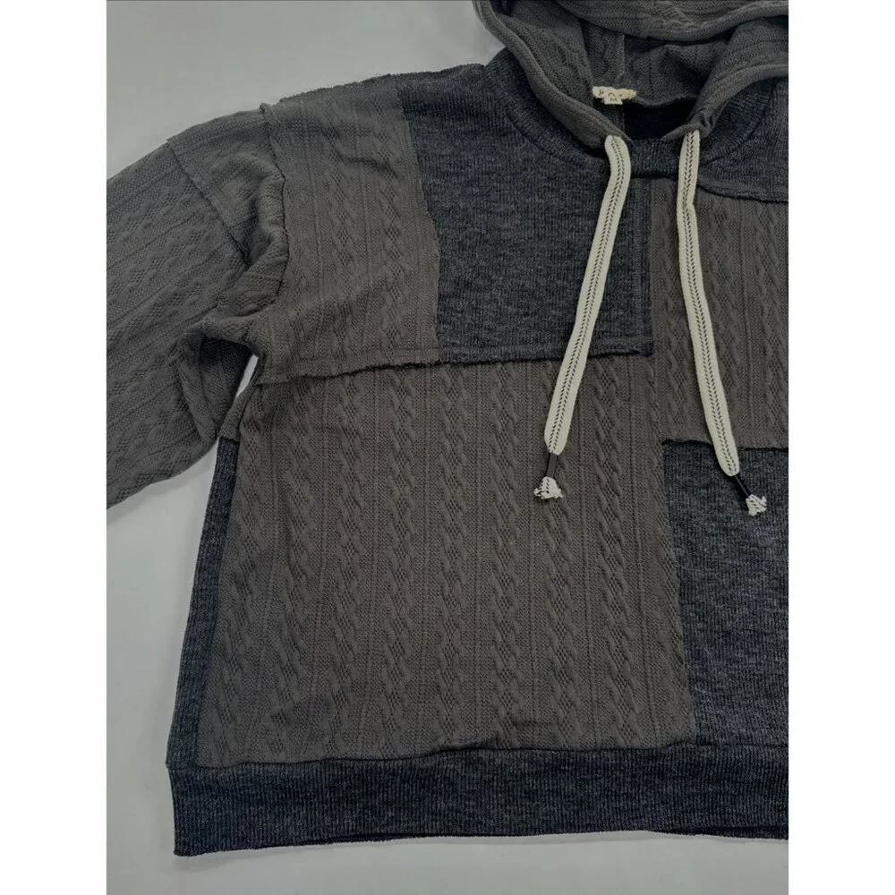 POL Patchwork Oversized Hooded Sweater Womens Medium Gray Boho Loose Casual